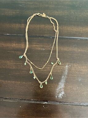 Delicate Gold Layered Necklace with Green Teardrop Charms
